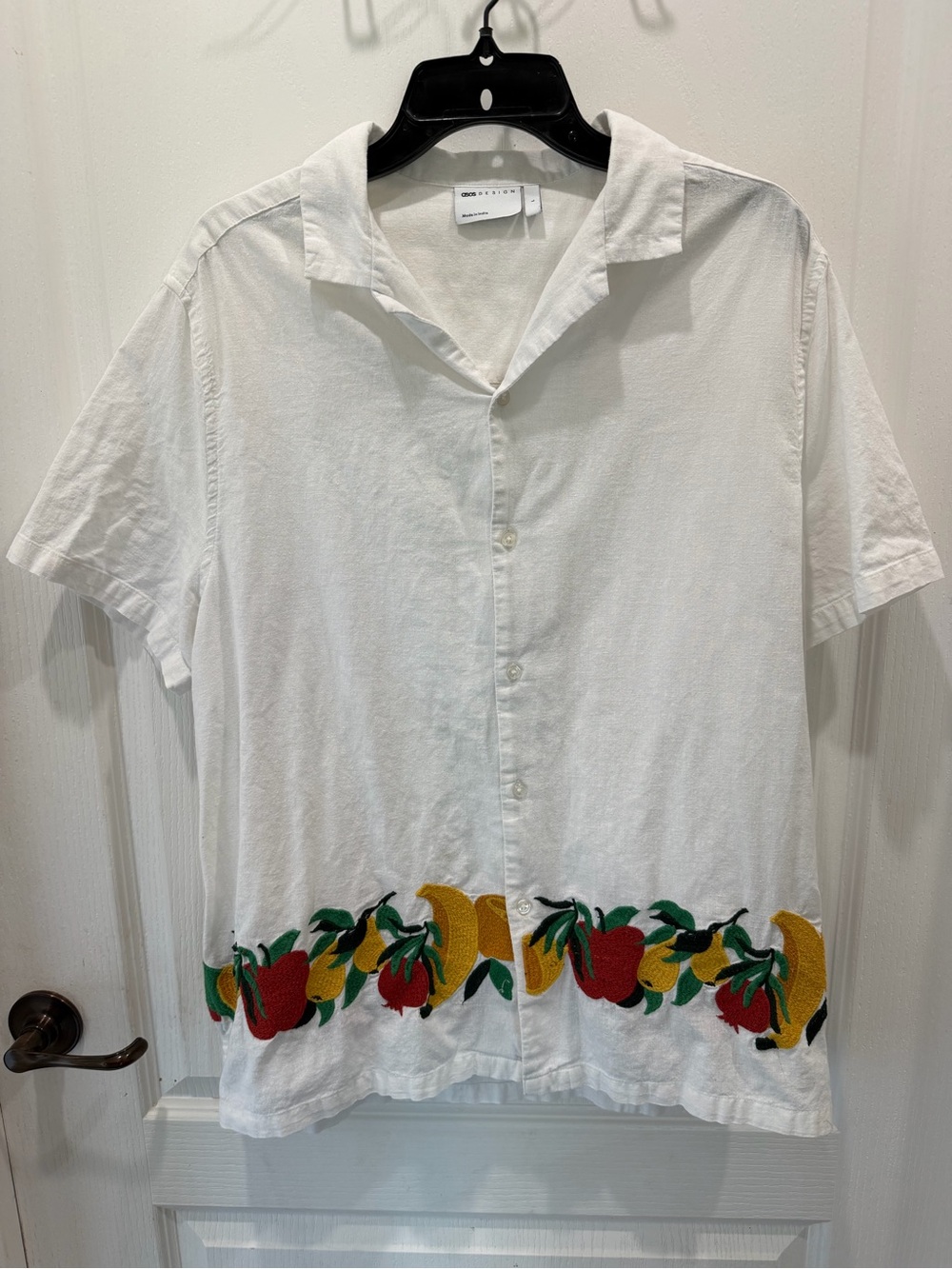 ASOS White Short-Sleeve Button-Down Shirt with Fruit Embroidery